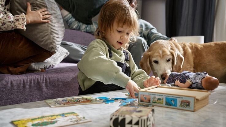 Das Foto zeigt ein kleines Kind beim Spielen. Es ist gerade beim Puzzeln und neben ihm liegt ein Hund.