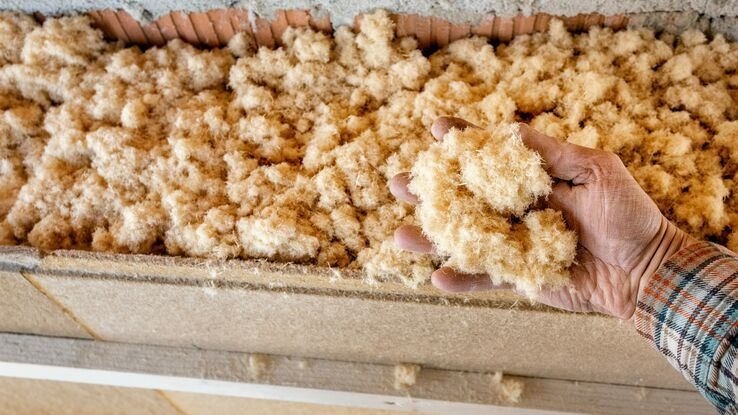 Eine Hand greift in die Holzfaserdämmung, welche zwischen Ziegeln und einer Holzplatte gefüllt ist.