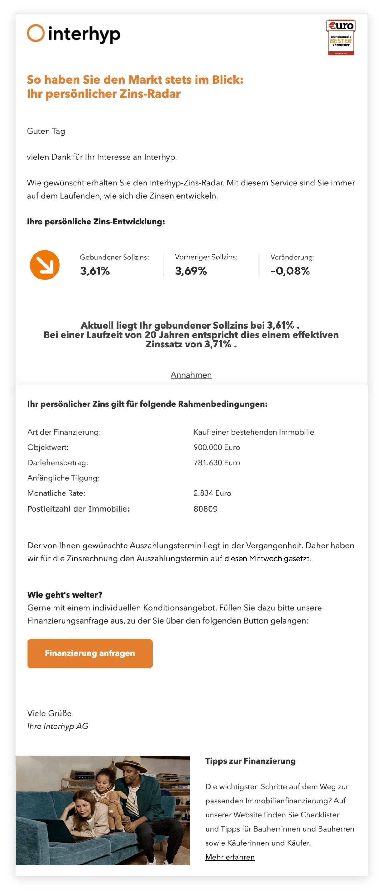 Beispielansicht einer Zins-Radar-E-Mail mit aktueller Zinsentwicklung, persönlichen Finanzierungsdaten und Finanzierungsempfehlungen.