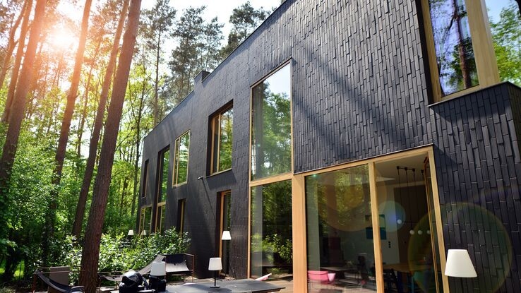 Eine schwarze Villa steht in einem Wald.