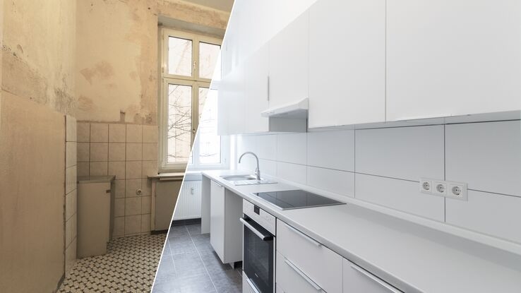 Auf dem Bild ist eine Küche vor und nach der Modernisierung zu sehen.
