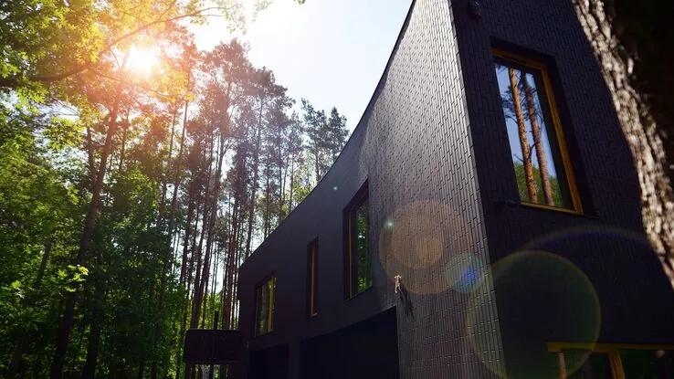 Das Foto zeigt eine schwarze Villa, die neben einem Wald steht. Sie ist leicht gebogen und hat große Fenster. Durch die Bäume ist das Haus von der Sonne geschützt.