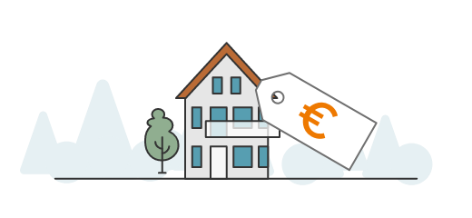 Die Grafik zeigt ein Haus mit einem Preisschild und symbolisiert das Thema Immobilienwert und -bewertung.