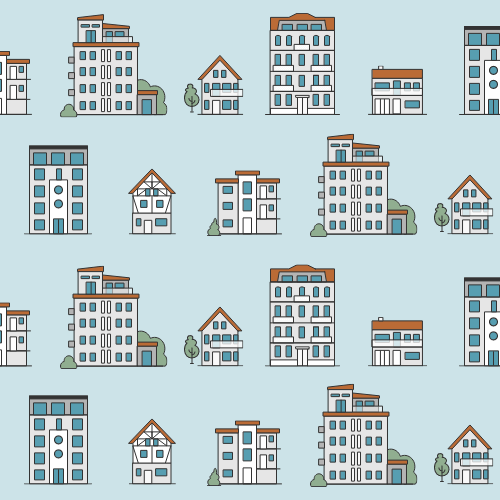 Das Bild zeigt ein paar Grafiken von verschiedenen Immobilientypen. Einfamilienhäuser, Mehrfamilienhäuser, Hochhäuser und so weiter.