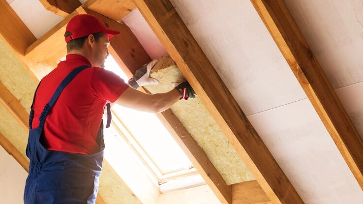 Ein Handwerker bringt Dämmplatten zwischen den Dachbalken im Dachgeschoss an. 