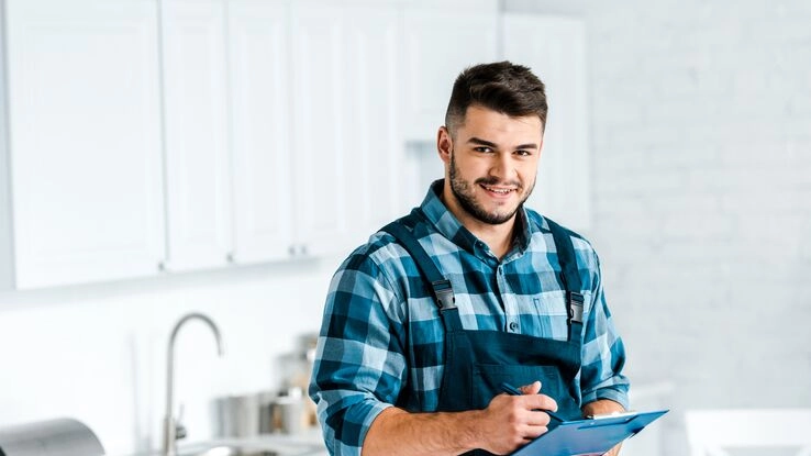 Im Bild sieht man einen Handwerker, der vor einer neuen Küche steht und weitere Moderniesierungen plant.