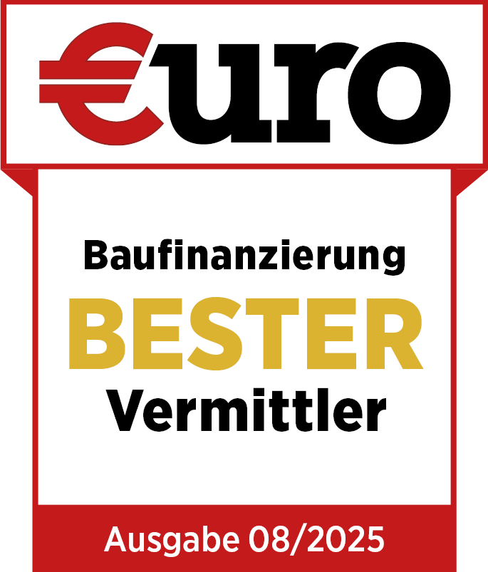 Testsiegel des Finanzmagazins €uro mit der Auszeichnung "Baufinanzierung Bester Vermittler" der Ausgabe 08/2025.