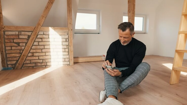 Ein Mann informiert sich auf seinem Smartphone zum Thema Immobilienkauf.
