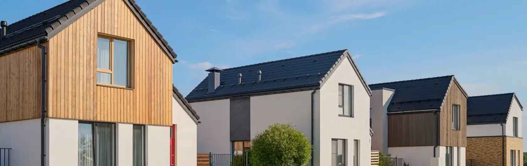Eine moderne Wohnsiedlung von freistehenden Häusern in der Abendsonne.