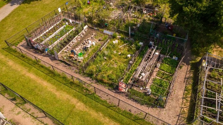 Urbaner Gemeinschaftsgarten, der gemeinsam mit Nachbarn oder Freunden gepflegt oder gestaltet werden kann.