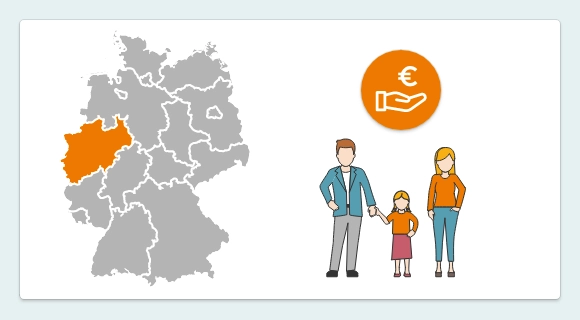 Die Grafik zeigt eine Deutschlandkarte, in der das Bundesland Nordrhein-Westfalen farbig hervorgehoben ist. Daneben steht eine Familie. Darüber befindet sich ein Icon mit Eurozeichen und offener Hand. Es symbolisiert regionale Fördermittel für NRW.