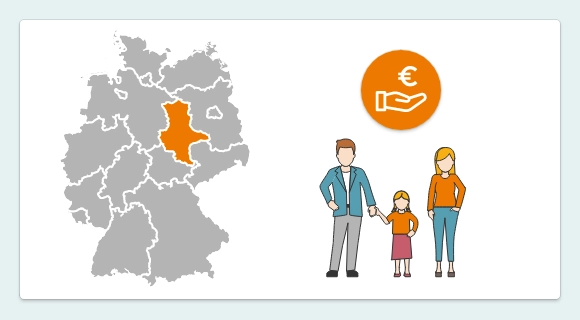 Die Grafik zeigt eine Deutschlandkarte, in der das Bundesland Sachsen-Anhalt farbig hervorgehoben ist. Daneben steht eine Familie. Darüber befindet sich ein Icon mit Eurozeichen und offener Hand. Es symbolisiert regionale Fördermittel für Sachsen-Anhalt.