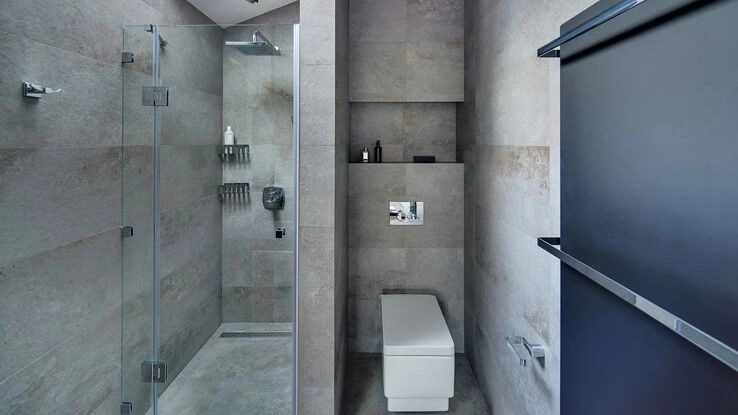 Ein kleines modernes Badezimmer mit einer Walk-in-Dusche