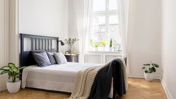 Ein lichtdurchflutetes hell gestaltetes Schlafzimmer mit einem schwarzen Holzbett. Das Schlafzimmer ist mit Pflanzen dekoriert.