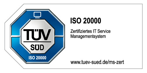 Das Bild zeigt das TÜV Süd Siegel ISO 20000 - Zertifiziertes IT Service Management System mit dem Link www.tuev-sued.de/ms-zert