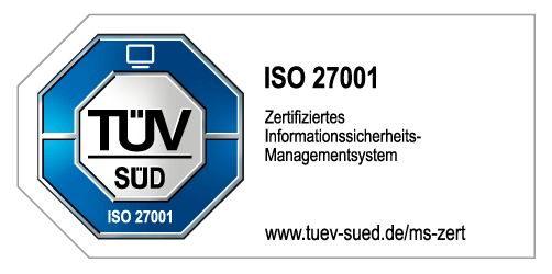 Das Bild zeigt das TÜV Süd Siegel ISO 27001 - Zertifiziertes Informationssicherheits-Managementsystem mit dem Link www.tuev-sued.de/ms-zert